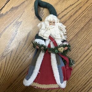 Vintage Santa Christmas Tree Topper Burlap Patchwork 12" Tall